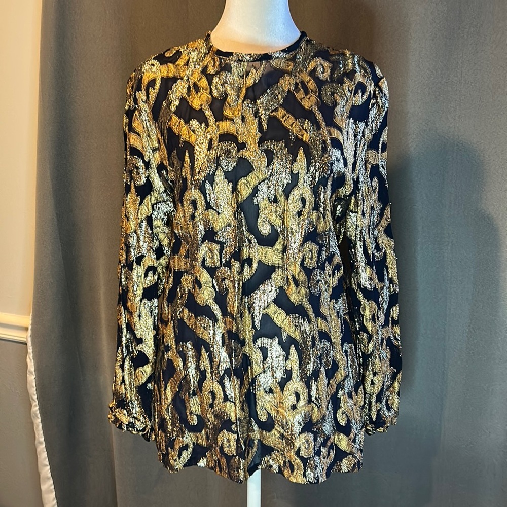 WOMENS SZ XL DBN METALLIC LOOK BLACK & GOLD LONG SLEEVE EVENING WEAR BLOUSE